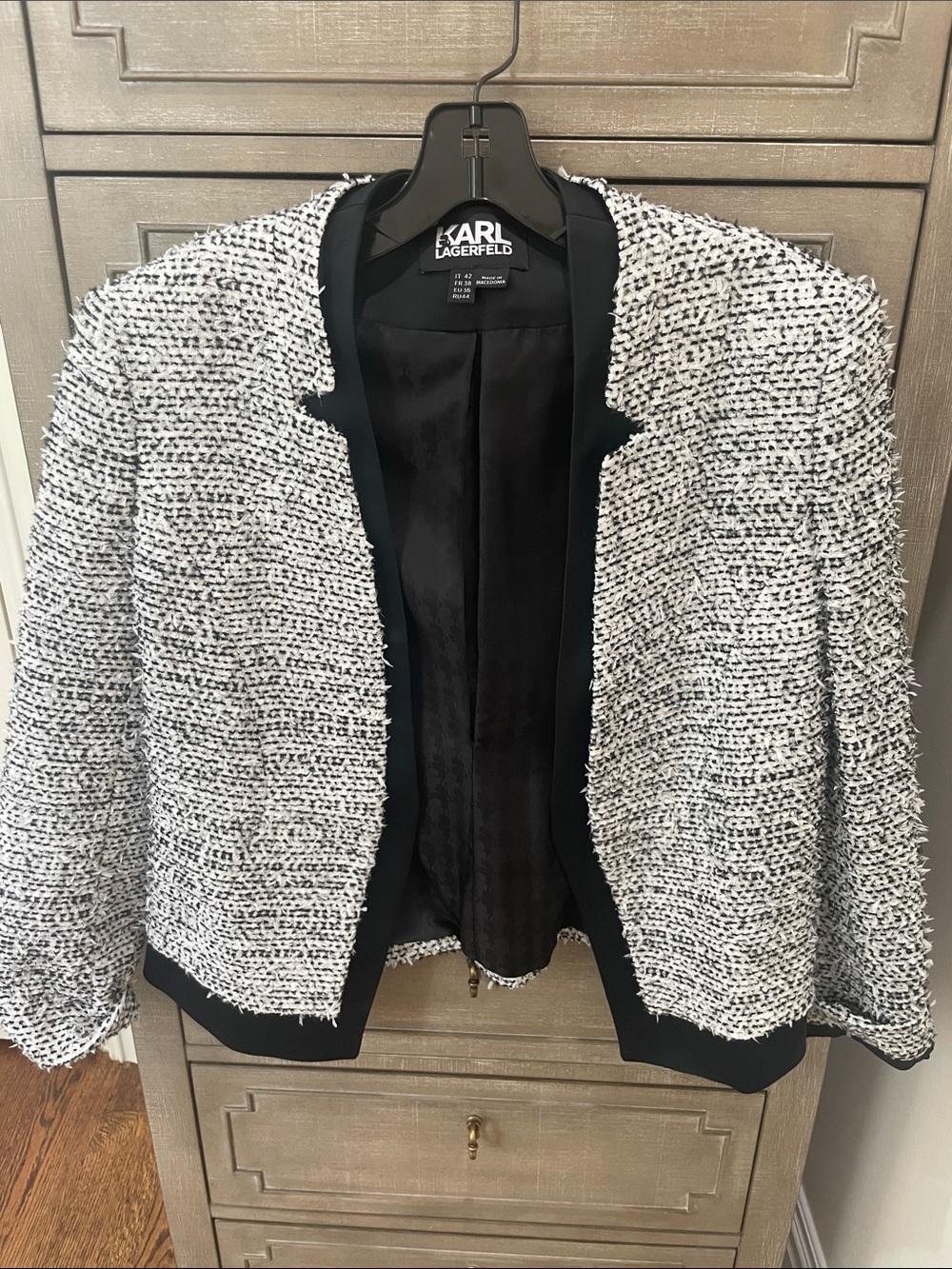 Karl Lagerfeld Black & White Tweed Collarless Jacket